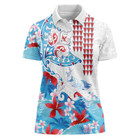Hawaiian Tribal Manta Ray Women Polo Shirt Kakau Tattoo and Flowers Surfing Waves Pattern Ocean Color LT03 Female Multicolor - Polynesian Pride