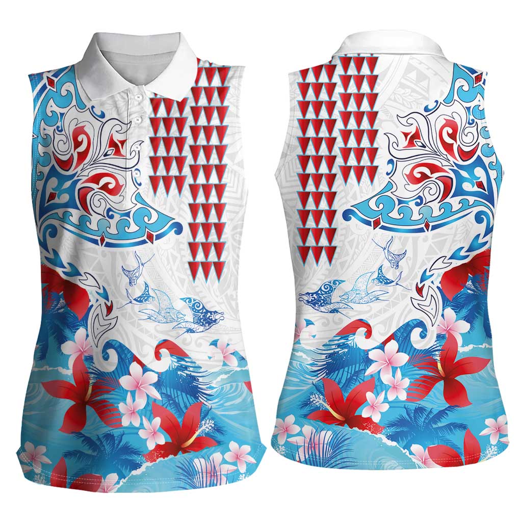 Hawaiian Tribal Manta Ray Women Sleeveless Polo Shirt Kakau Tattoo and Flowers Surfing Waves Pattern Ocean Color LT03 - Polynesian Pride