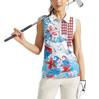 Hawaiian Tribal Manta Ray Women Sleeveless Polo Shirt Kakau Tattoo and Flowers Surfing Waves Pattern Ocean Color LT03 - Polynesian Pride