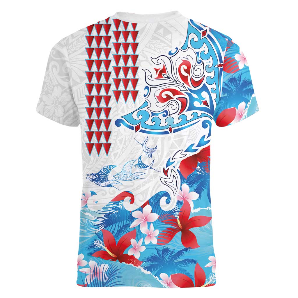 Hawaiian Tribal Manta Ray Women V-Neck T-Shirt Kakau Tattoo and Flowers Surfing Waves Pattern Ocean Color LT03 - Polynesian Pride
