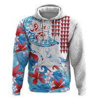 Hawaiian Tribal Manta Ray Zip Hoodie Kakau Tattoo and Flowers Surfing Waves Pattern Ocean Color LT03 Pullover Hoodie Multicolor - Polynesian Pride