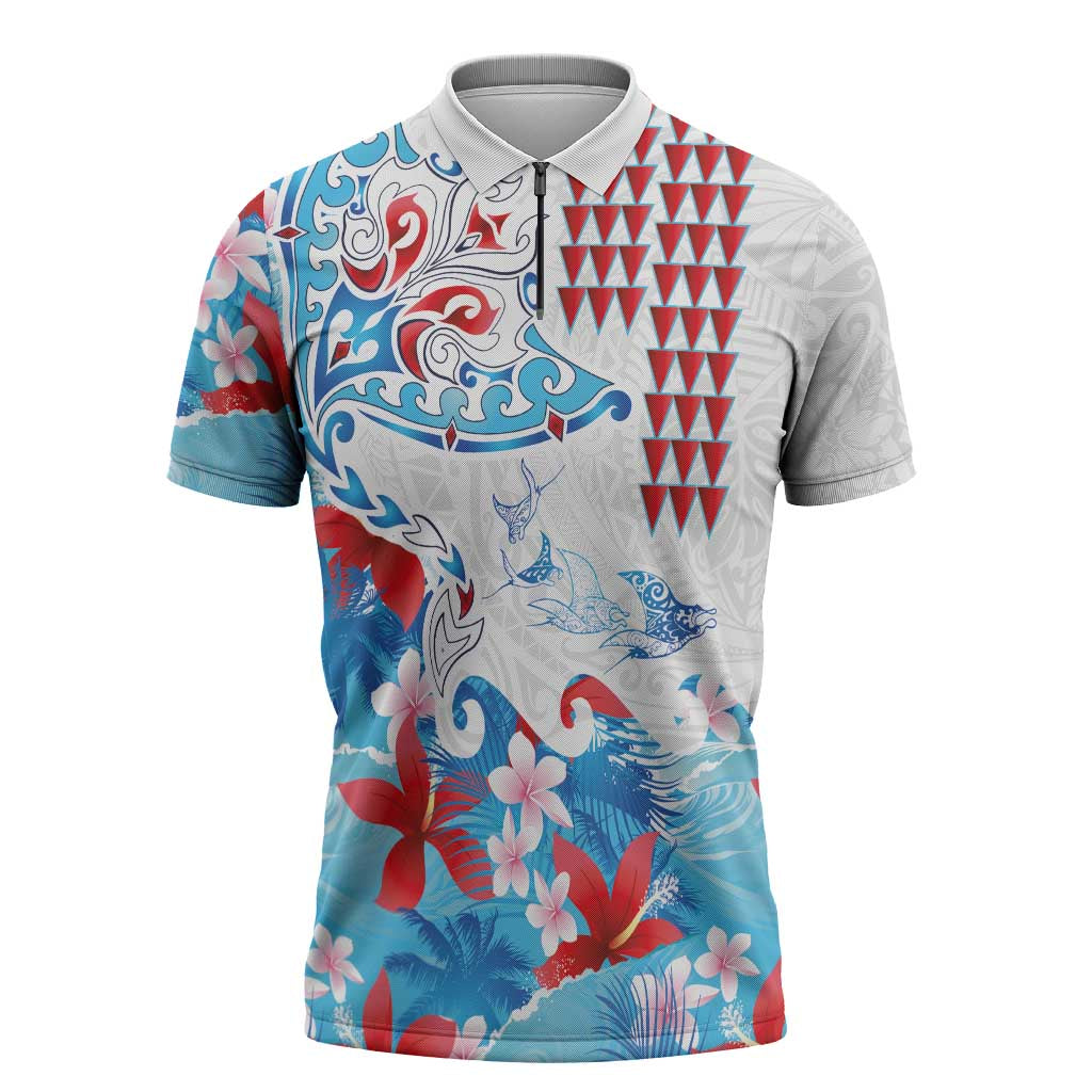 Hawaiian Tribal Manta Ray Zipper Polo Shirt Kakau Tattoo and Flowers Surfing Waves Pattern Ocean Color LT03 Multicolor - Polynesian Pride