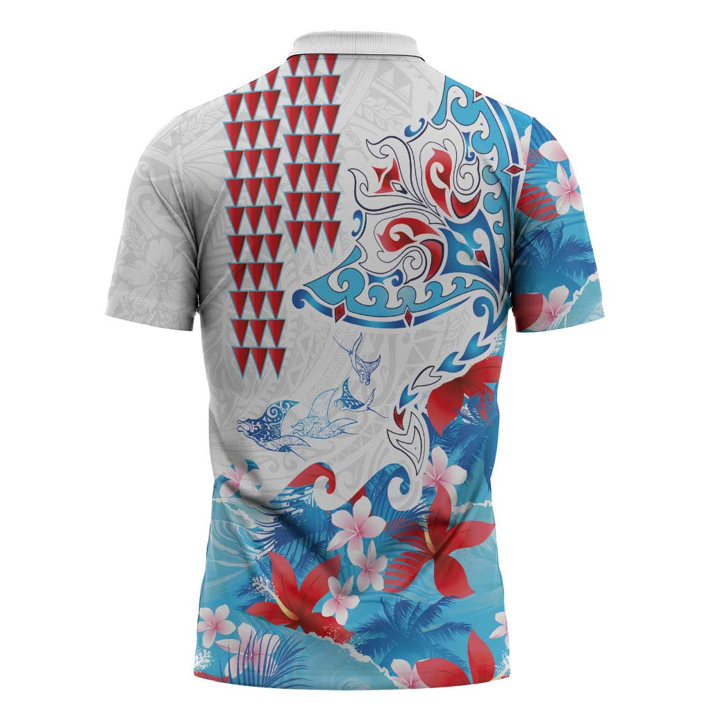 Hawaiian Tribal Manta Ray Zipper Polo Shirt Kakau Tattoo and Flowers Surfing Waves Pattern Ocean Color LT03 - Polynesian Pride