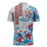 Hawaiian Tribal Manta Ray Zipper Polo Shirt Kakau Tattoo and Flowers Surfing Waves Pattern Ocean Color LT03 - Polynesian Pride
