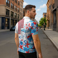 Hawaiian Tribal Manta Ray Zipper Polo Shirt Kakau Tattoo and Flowers Surfing Waves Pattern Ocean Color LT03 - Polynesian Pride