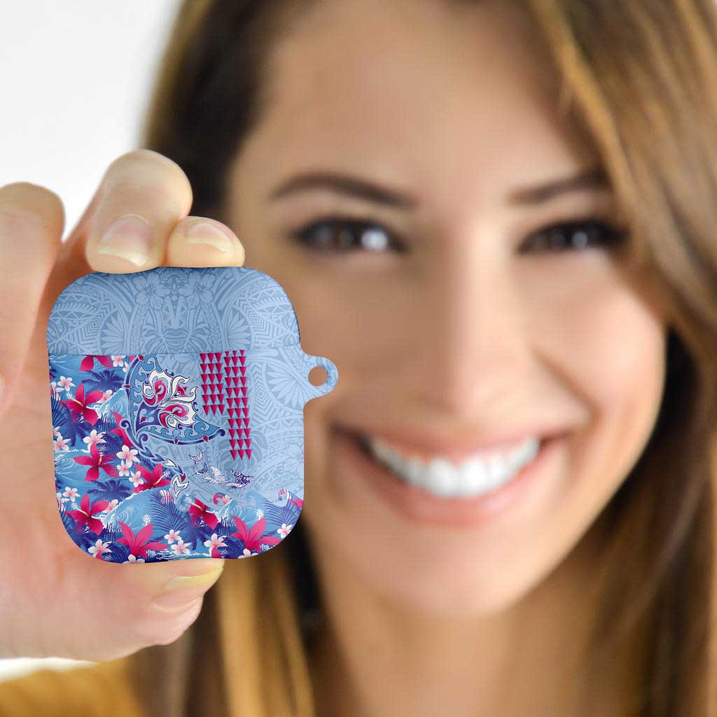 Hawaiian Tribal Manta Ray AirPods Case Kakau Tattoo and Flowers Surfing Waves Pattern Soft Color