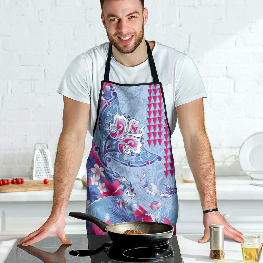 Hawaiian Tribal Manta Ray Apron Kakau Tattoo and Flowers Surfing Waves Pattern Soft Color