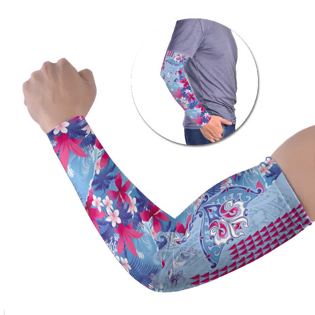 Hawaiian Tribal Manta Ray Arm Sleeves Kakau Tattoo and Flowers Surfing Waves Pattern Soft Color