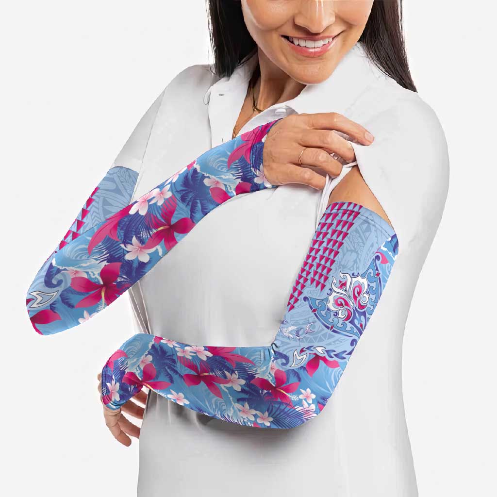Hawaiian Tribal Manta Ray Arm Sleeves Kakau Tattoo and Flowers Surfing Waves Pattern Soft Color