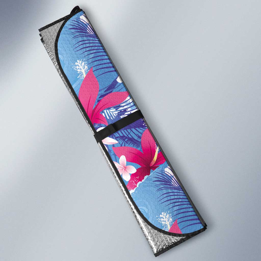 Hawaiian Tribal Manta Ray Auto Sun Shade Kakau Tattoo and Flowers Surfing Waves Pattern Soft Color LT03 - Polynesian Pride