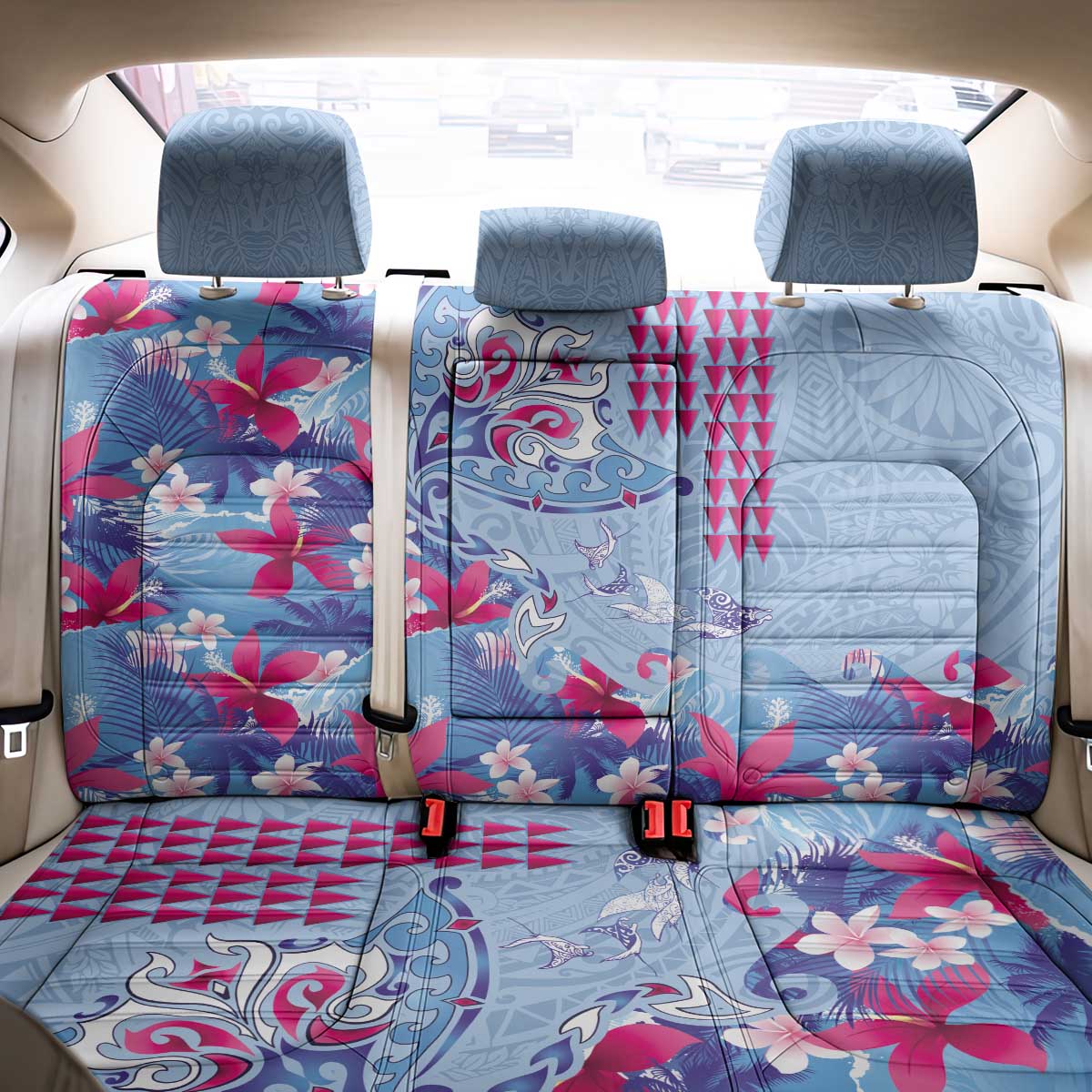 Hawaiian Tribal Manta Ray Back Car Seat Cover Kakau Tattoo and Flowers Surfing Waves Pattern Soft Color LT03 - Polynesian Pride