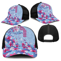 Hawaiian Tribal Manta Ray Baseball Net Cap Kakau Tattoo and Flowers Surfing Waves Pattern Soft Color