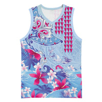 Hawaiian Tribal Manta Ray Basketball Jersey Kakau Tattoo and Flowers Surfing Waves Pattern Soft Color LT03 Unisex Multicolor - Polynesian Pride