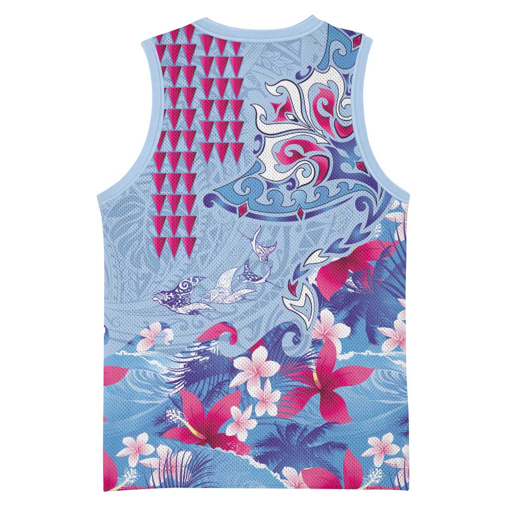 Hawaiian Tribal Manta Ray Basketball Jersey Kakau Tattoo and Flowers Surfing Waves Pattern Soft Color LT03 - Polynesian Pride