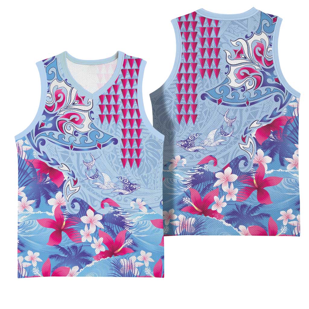 Hawaiian Tribal Manta Ray Basketball Jersey Kakau Tattoo and Flowers Surfing Waves Pattern Soft Color LT03 - Polynesian Pride