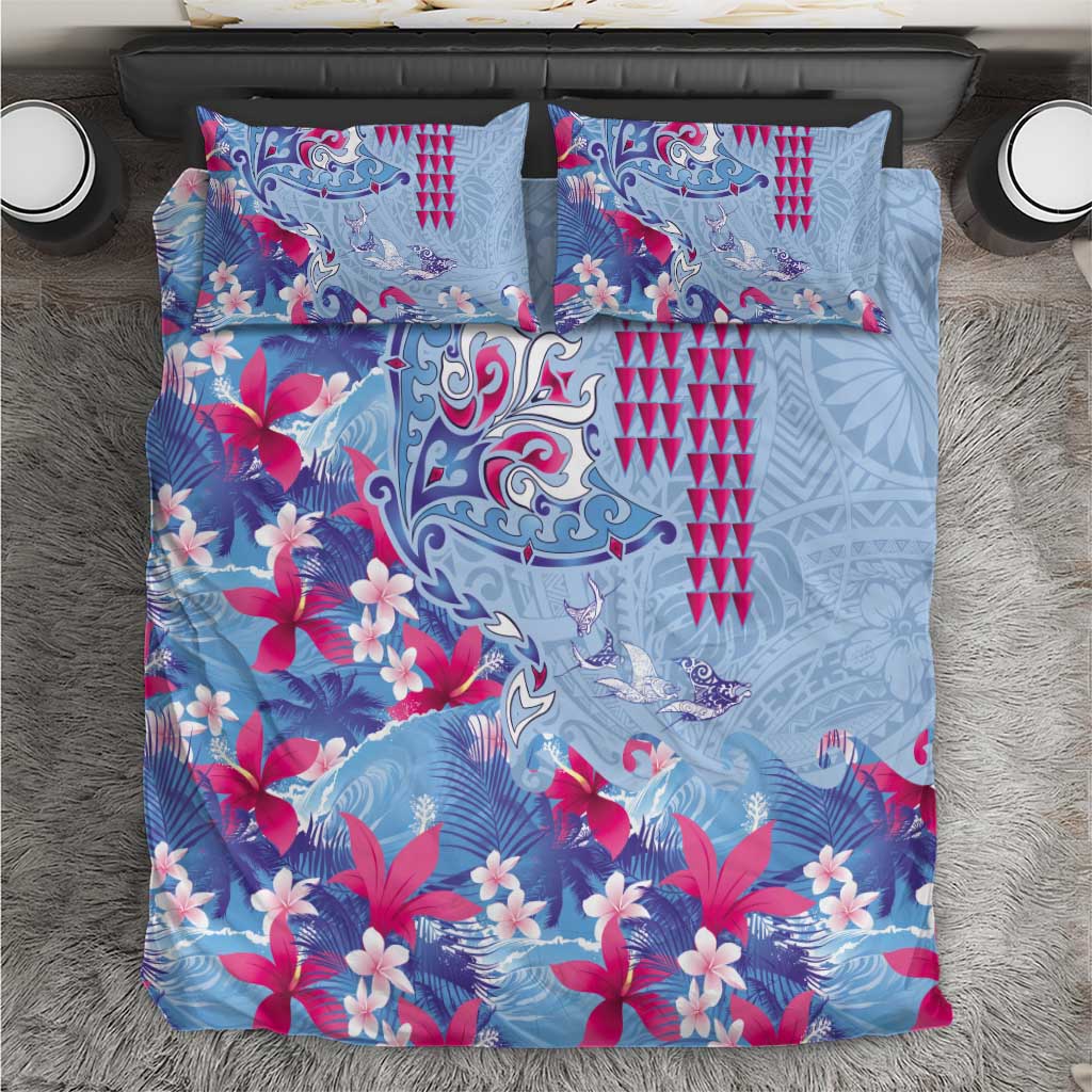 Hawaiian Tribal Manta Ray Bedding Set Kakau Tattoo and Flowers Surfing Waves Pattern Soft Color LT03 Multicolor - Polynesian Pride