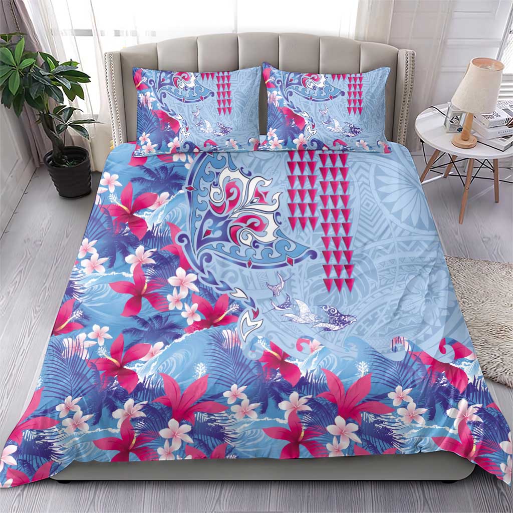 Hawaiian Tribal Manta Ray Bedding Set Kakau Tattoo and Flowers Surfing Waves Pattern Soft Color LT03 - Polynesian Pride