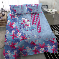Hawaiian Tribal Manta Ray Bedding Set Kakau Tattoo and Flowers Surfing Waves Pattern Soft Color LT03 - Polynesian Pride