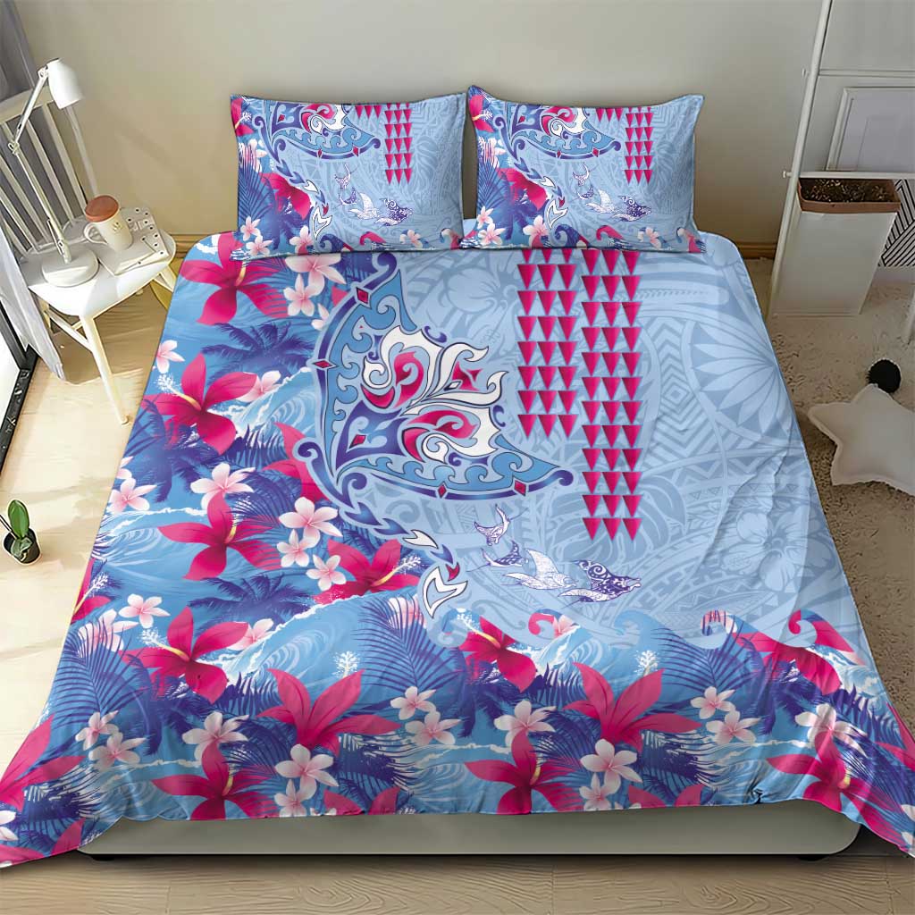 Hawaiian Tribal Manta Ray Bedding Set Kakau Tattoo and Flowers Surfing Waves Pattern Soft Color LT03 - Polynesian Pride