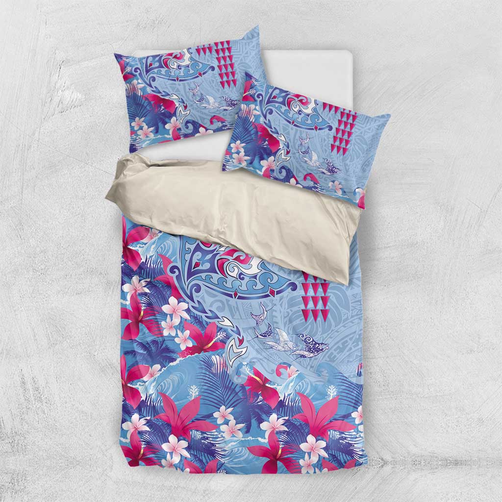 Hawaiian Tribal Manta Ray Bedding Set Kakau Tattoo and Flowers Surfing Waves Pattern Soft Color LT03 US Twin 172cm x 218cm Multicolor - Polynesian Pride