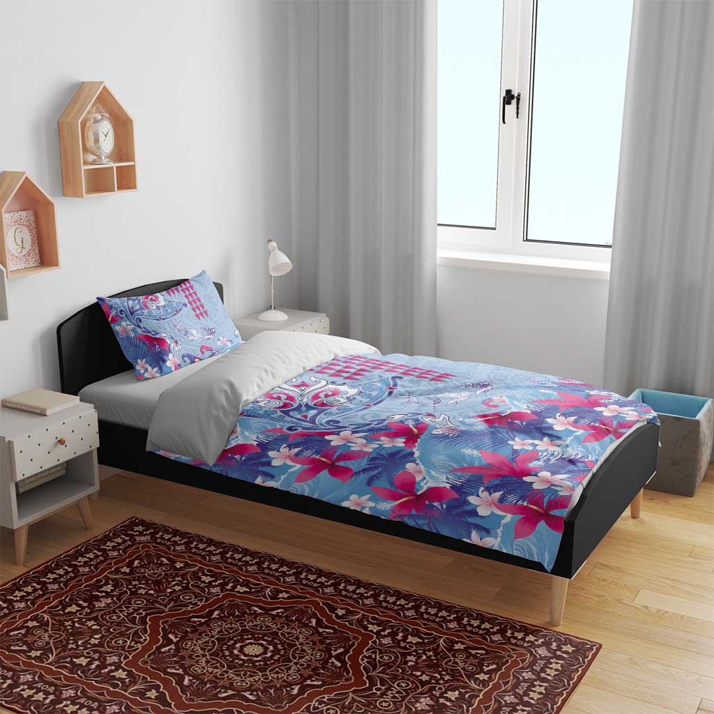 Hawaiian Tribal Manta Ray Bedding Set Kakau Tattoo and Flowers Surfing Waves Pattern Soft Color LT03 - Polynesian Pride