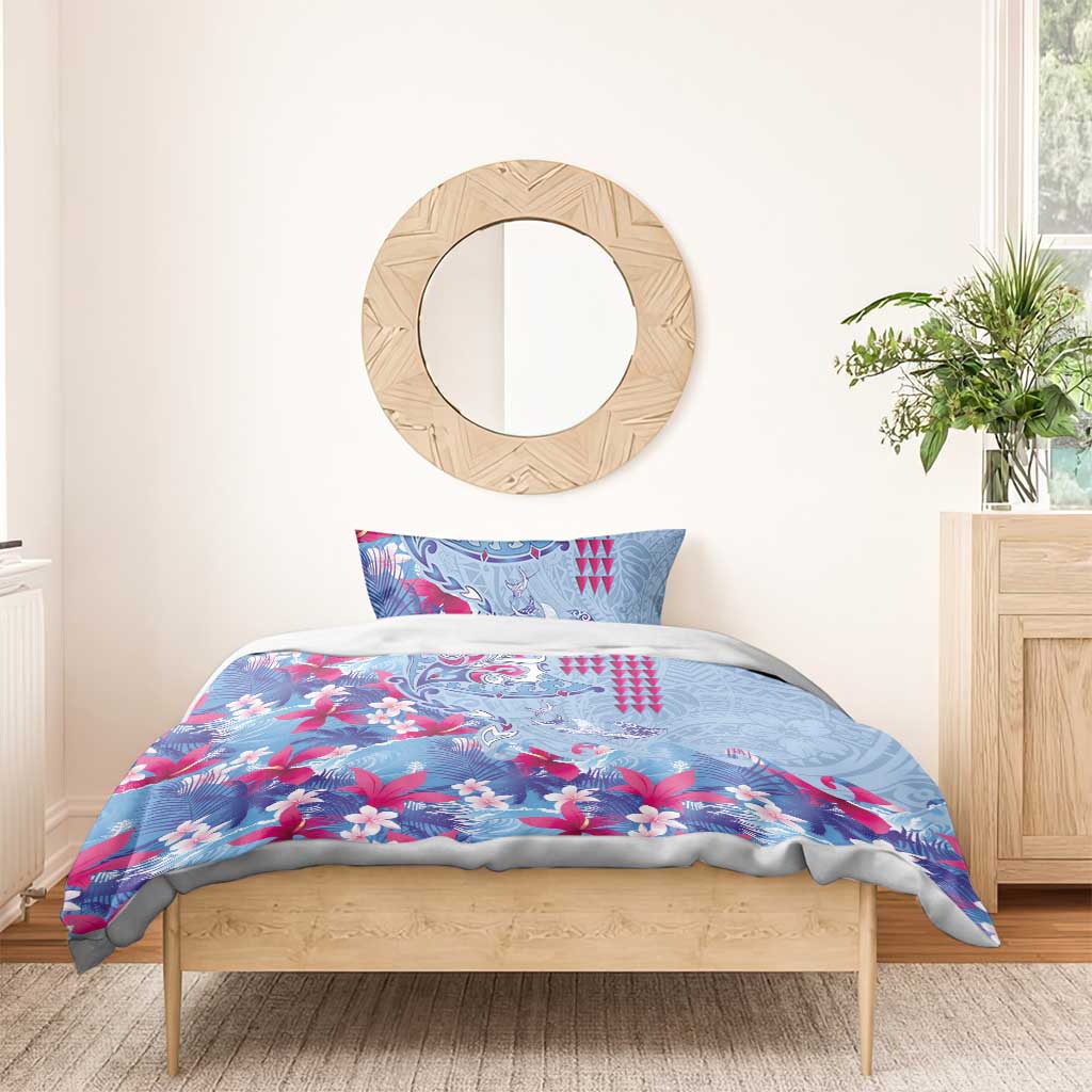 Hawaiian Tribal Manta Ray Bedding Set Kakau Tattoo and Flowers Surfing Waves Pattern Soft Color LT03 - Polynesian Pride
