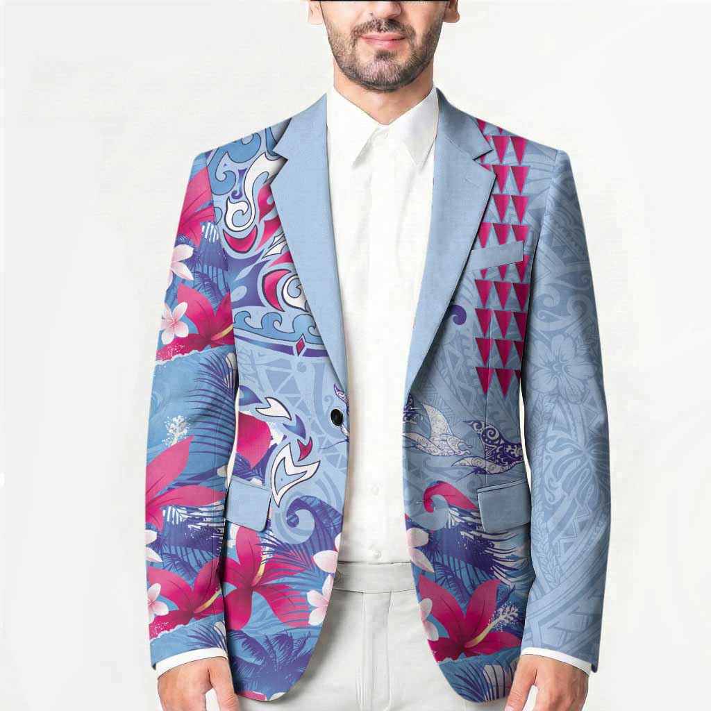 Hawaiian Tribal Manta Ray Blazer Kakau Tattoo and Flowers Surfing Waves Pattern Soft Color