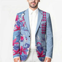 Hawaiian Tribal Manta Ray Blazer Kakau Tattoo and Flowers Surfing Waves Pattern Soft Color
