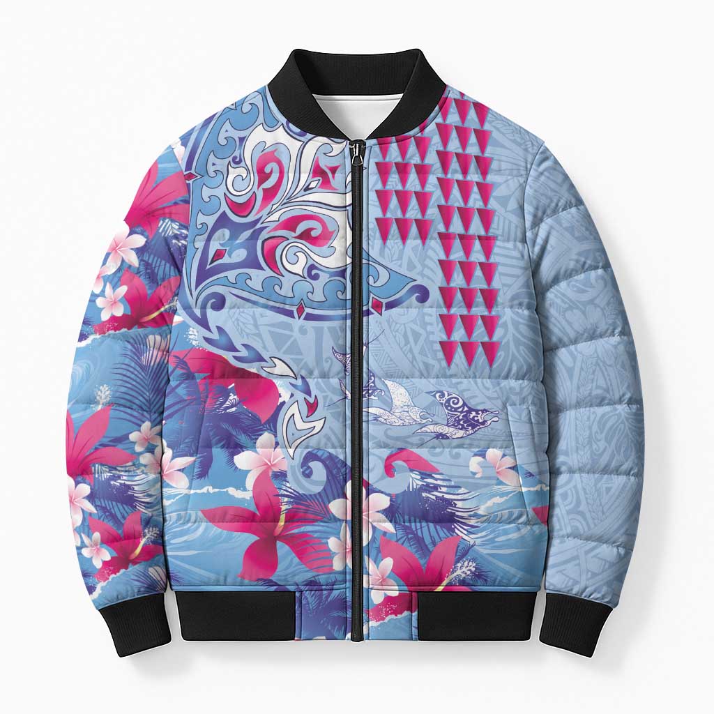 Hawaiian Tribal Manta Ray Bomber Puffer Jacket Kakau Tattoo and Flowers Surfing Waves Pattern Soft Color
