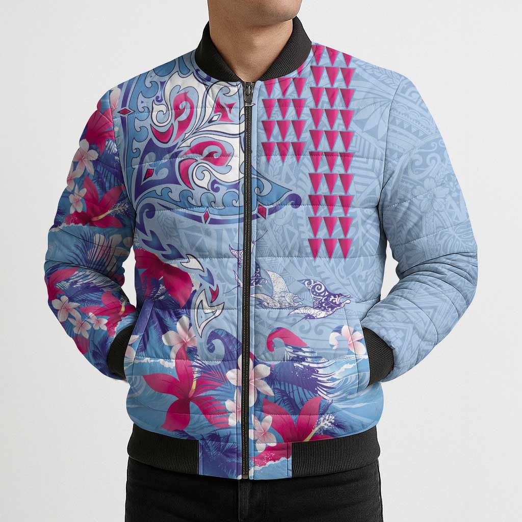 Hawaiian Tribal Manta Ray Bomber Puffer Jacket Kakau Tattoo and Flowers Surfing Waves Pattern Soft Color