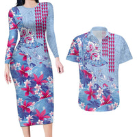 Hawaiian Tribal Manta Ray Couples Matching Long Sleeve Bodycon Dress and Hawaiian Shirt Kakau Tattoo and Flowers Surfing Waves Pattern Soft Color LT03 Multicolor - Polynesian Pride