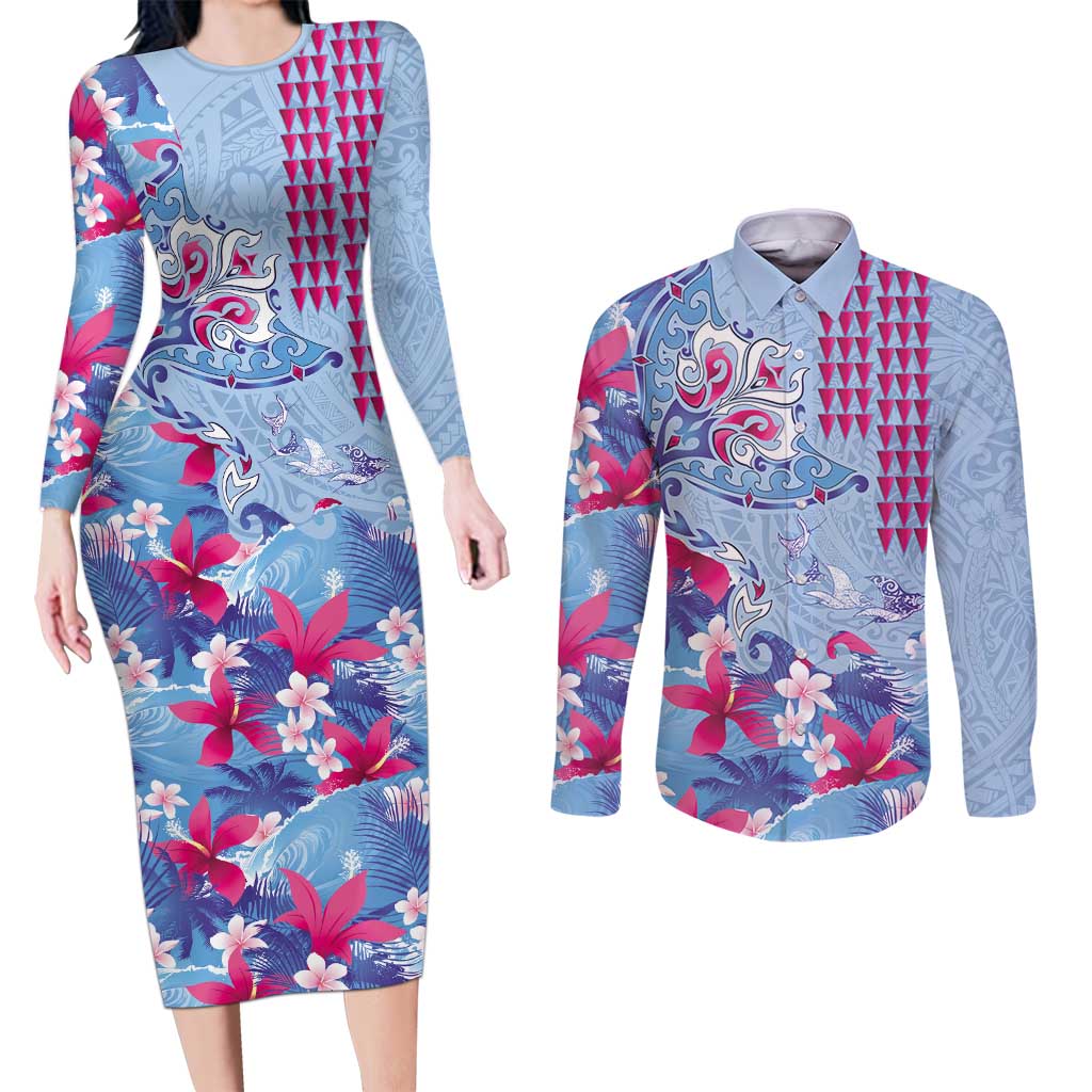 Hawaiian Tribal Manta Ray Couples Matching Long Sleeve Bodycon Dress and Long Sleeve Button Shirt Kakau Tattoo and Flowers Surfing Waves Pattern Soft Color