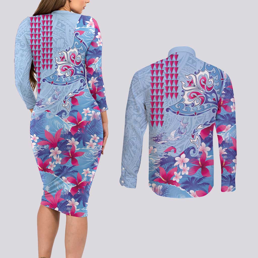 Hawaiian Tribal Manta Ray Couples Matching Long Sleeve Bodycon Dress and Long Sleeve Button Shirt Kakau Tattoo and Flowers Surfing Waves Pattern Soft Color LT03 - Polynesian Pride