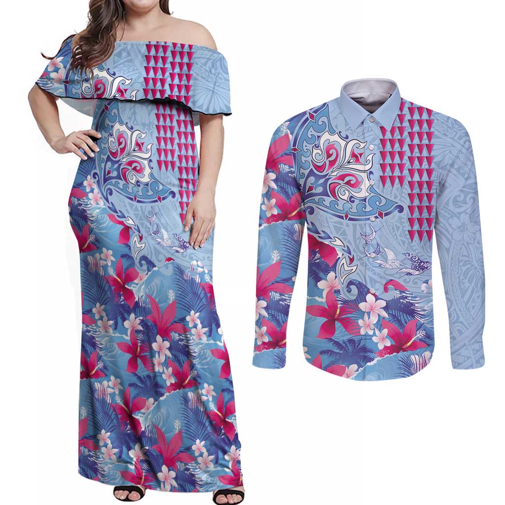 Hawaiian Tribal Manta Ray Couples Matching Off Shoulder Maxi Dress and Long Sleeve Button Shirt Kakau Tattoo and Flowers Surfing Waves Pattern Soft Color LT03 Multicolor - Polynesian Pride