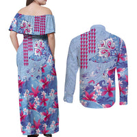 Hawaiian Tribal Manta Ray Couples Matching Off Shoulder Maxi Dress and Long Sleeve Button Shirt Kakau Tattoo and Flowers Surfing Waves Pattern Soft Color LT03 - Polynesian Pride