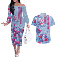 Hawaiian Tribal Manta Ray Couples Matching Off The Shoulder Long Sleeve Dress and Hawaiian Shirt Kakau Tattoo and Flowers Surfing Waves Pattern Soft Color LT03 Multicolor - Polynesian Pride