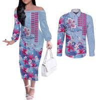 Hawaiian Tribal Manta Ray Couples Matching Off The Shoulder Long Sleeve Dress and Long Sleeve Button Shirt Kakau Tattoo and Flowers Surfing Waves Pattern Soft Color LT03 Multicolor - Polynesian Pride