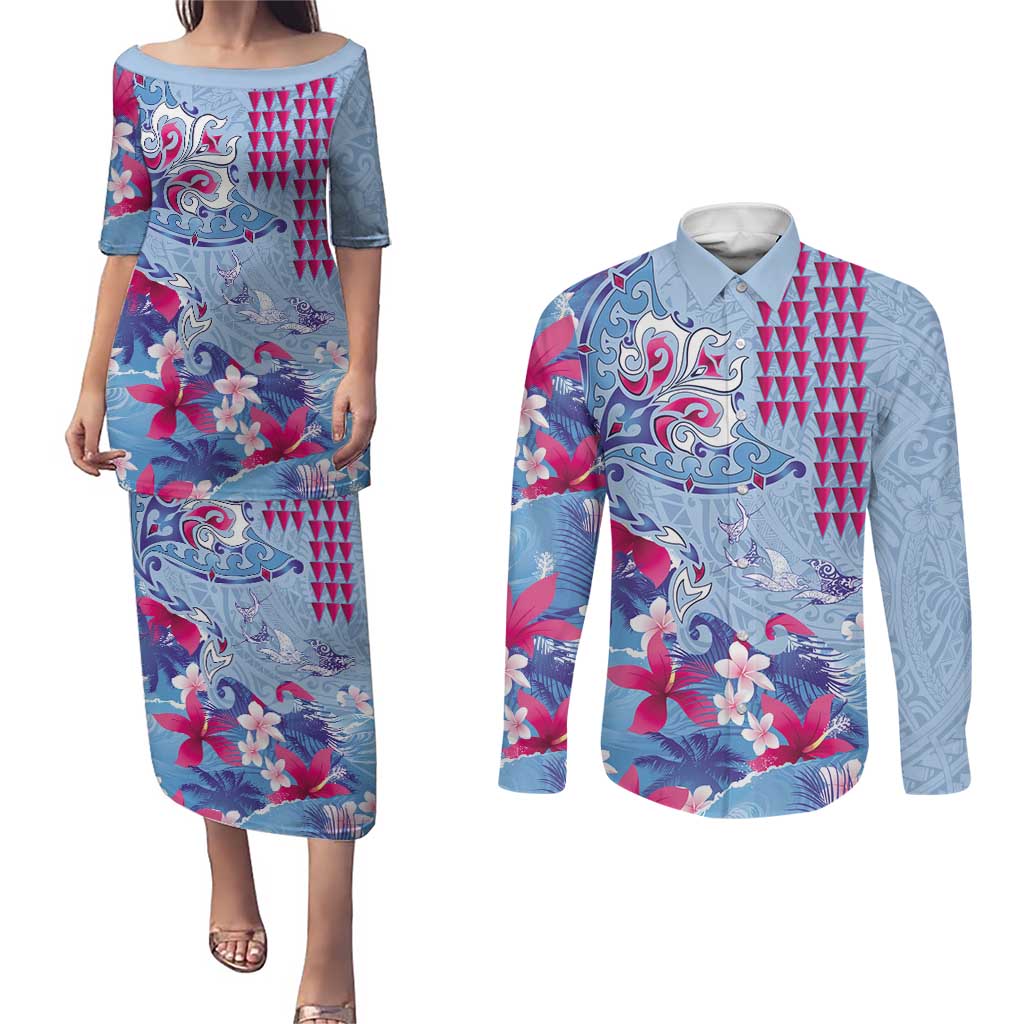 Hawaiian Tribal Manta Ray Couples Matching Puletasi and Long Sleeve Button Shirt Kakau Tattoo and Flowers Surfing Waves Pattern Soft Color LT03 Multicolor - Polynesian Pride