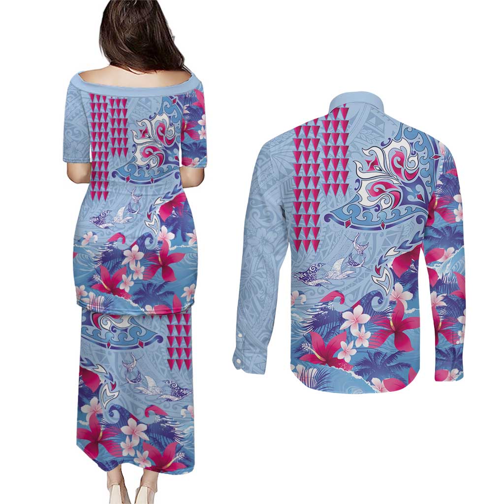 Hawaiian Tribal Manta Ray Couples Matching Puletasi and Long Sleeve Button Shirt Kakau Tattoo and Flowers Surfing Waves Pattern Soft Color LT03 - Polynesian Pride