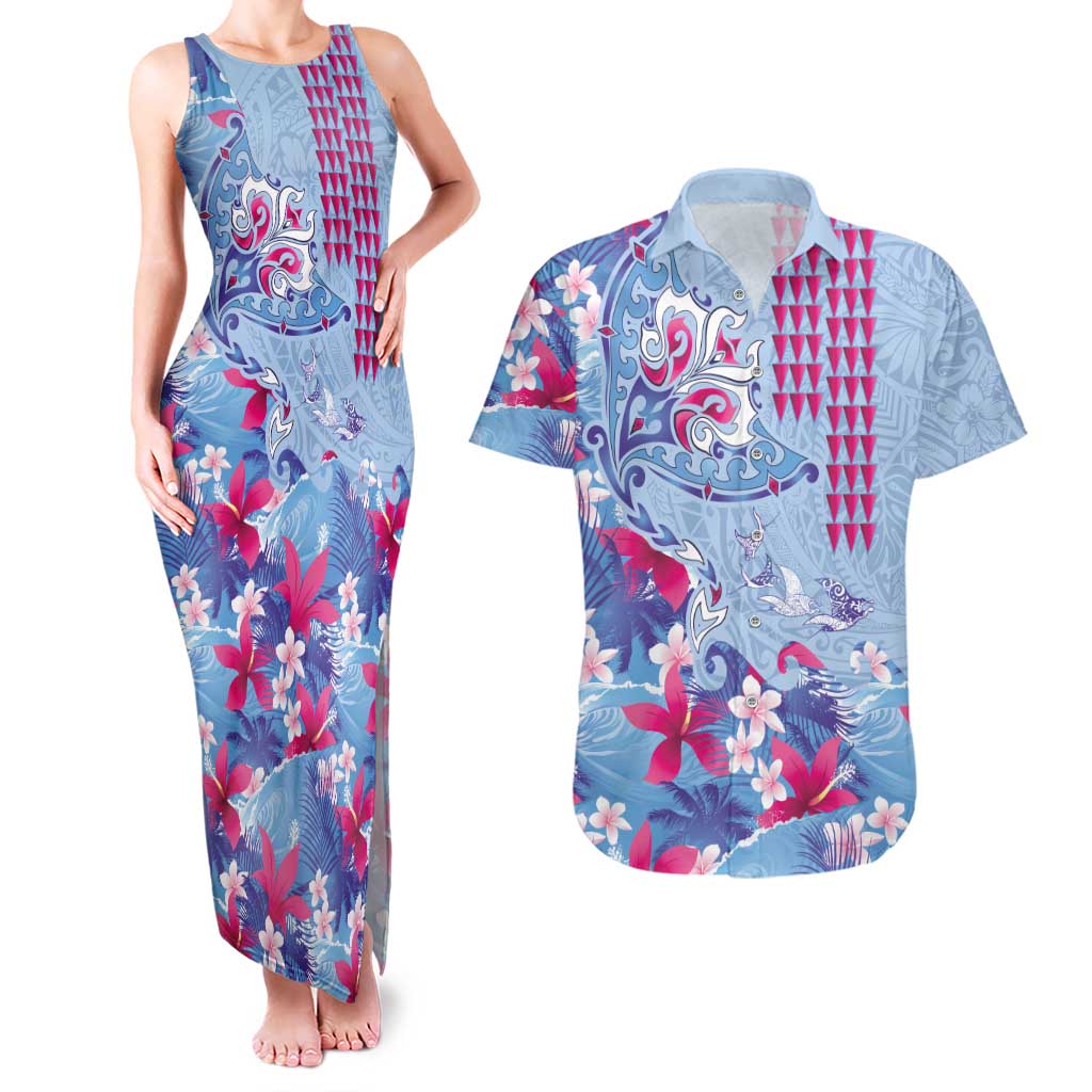 Hawaiian Tribal Manta Ray Couples Matching Tank Maxi Dress and Hawaiian Shirt Kakau Tattoo and Flowers Surfing Waves Pattern Soft Color LT03 Multicolor - Polynesian Pride