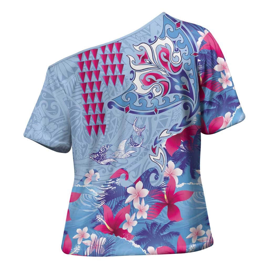 Hawaiian Tribal Manta Ray Cross Shoulder Shirt Kakau Tattoo and Flowers Surfing Waves Pattern Soft Color LT03 - Polynesian Pride