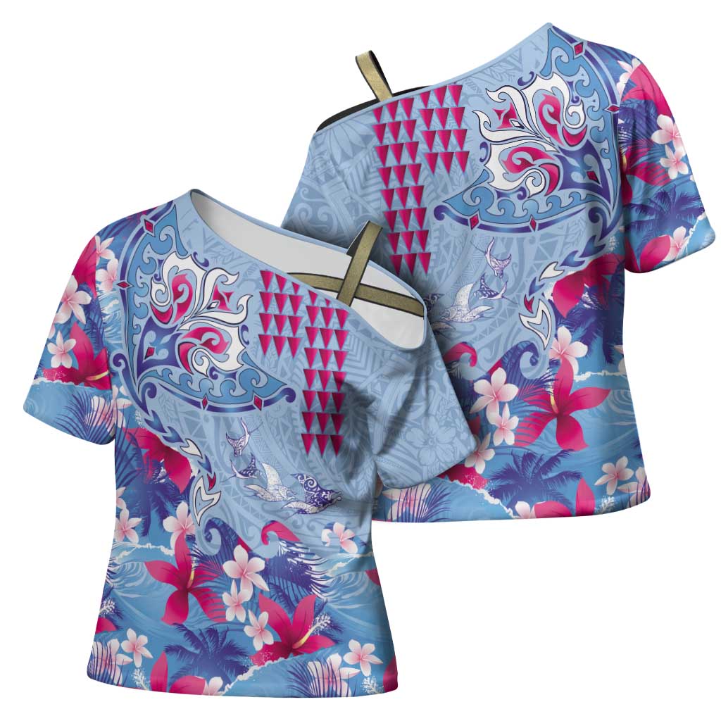 Hawaiian Tribal Manta Ray Cross Shoulder Shirt Kakau Tattoo and Flowers Surfing Waves Pattern Soft Color LT03 - Polynesian Pride