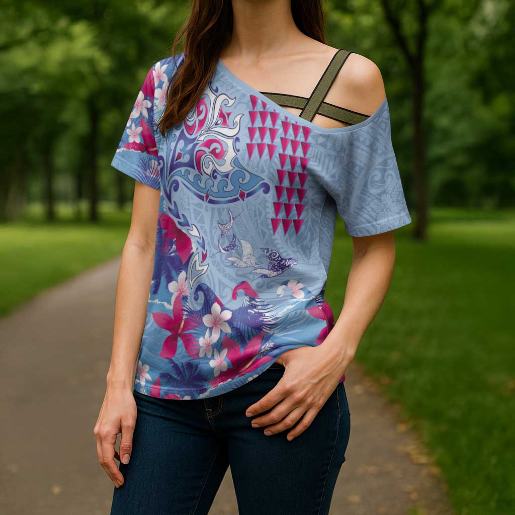 Hawaiian Tribal Manta Ray Cross Shoulder Shirt Kakau Tattoo and Flowers Surfing Waves Pattern Soft Color LT03 - Polynesian Pride