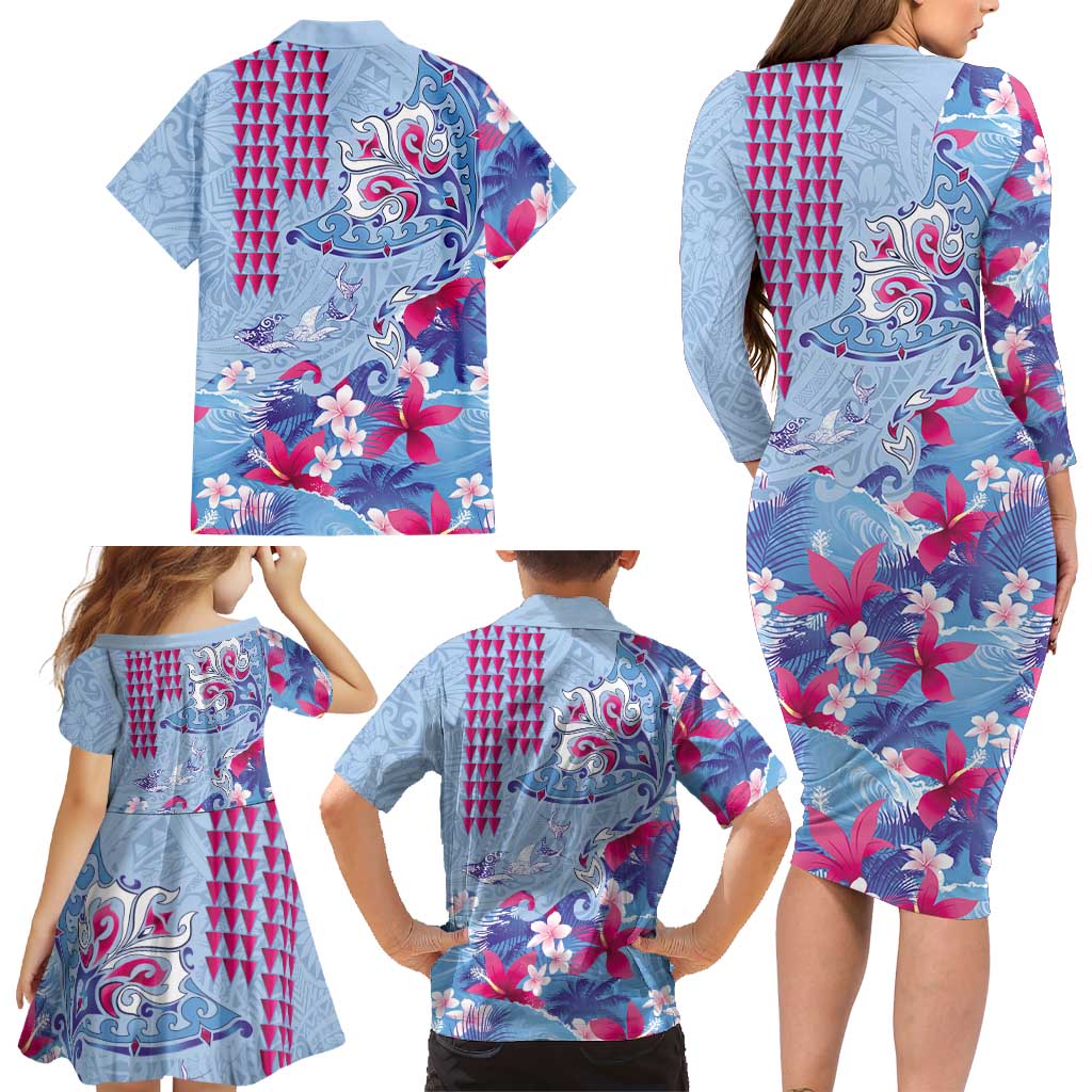 Hawaiian Tribal Manta Ray Family Matching Long Sleeve Bodycon Dress and Hawaiian Shirt Kakau Tattoo and Flowers Surfing Waves Pattern Soft Color LT03 - Polynesian Pride