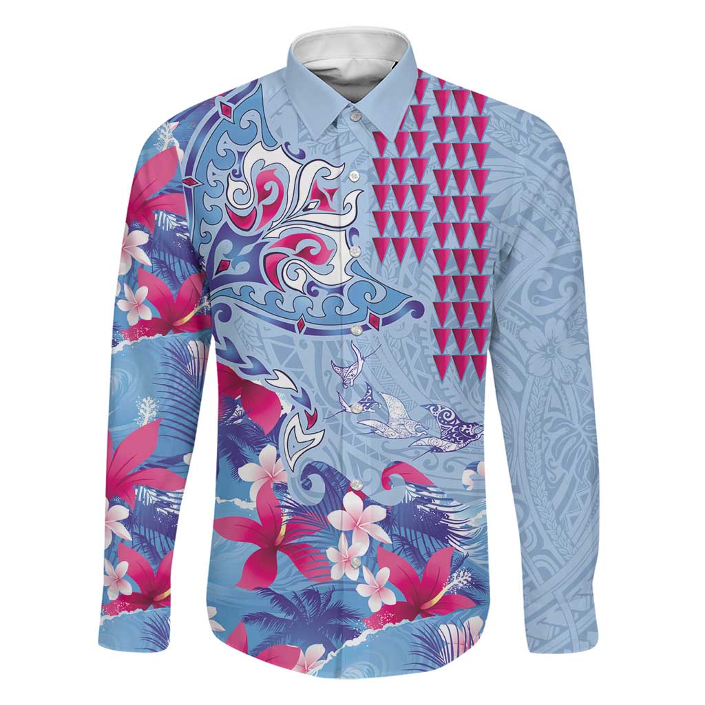 Hawaiian Tribal Manta Ray Family Matching Long Sleeve Bodycon Dress and Hawaiian Shirt Kakau Tattoo and Flowers Surfing Waves Pattern Soft Color LT03 Dad's Shirt - Long Sleeve Multicolor - Polynesian Pride