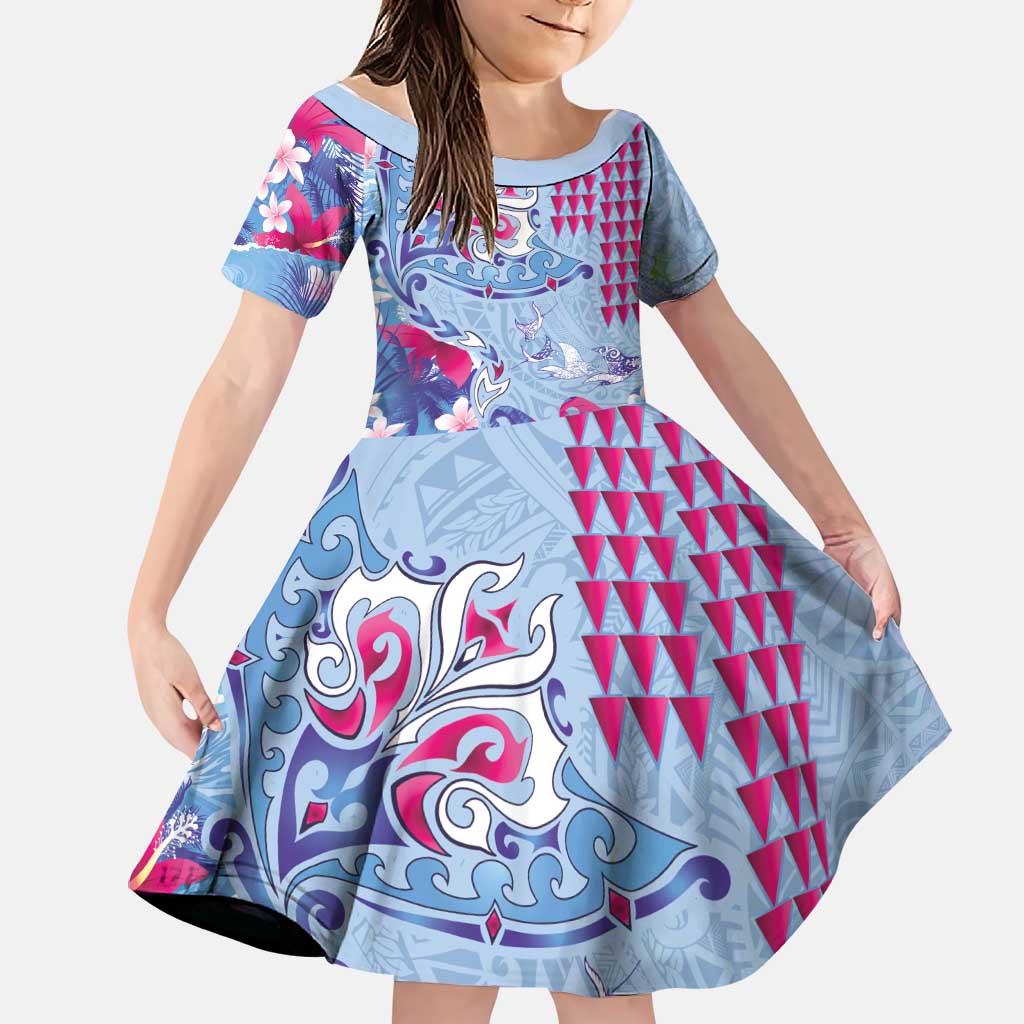 Hawaiian Tribal Manta Ray Family Matching Mermaid Dress and Hawaiian Shirt Kakau Tattoo and Flowers Surfing Waves Pattern Soft Color LT03 Daughter's Dress Multicolor - Polynesian Pride