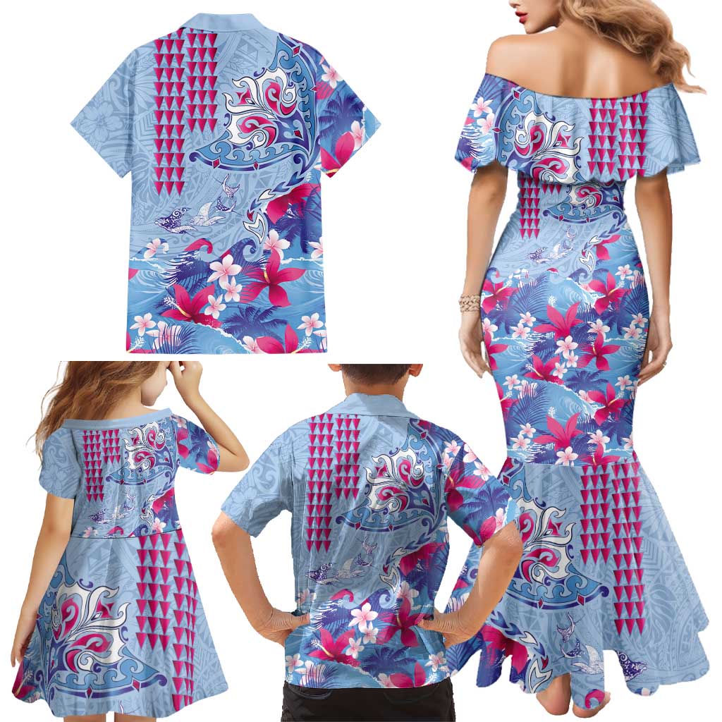 Hawaiian Tribal Manta Ray Family Matching Mermaid Dress and Hawaiian Shirt Kakau Tattoo and Flowers Surfing Waves Pattern Soft Color LT03 - Polynesian Pride