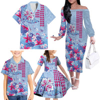 Hawaiian Tribal Manta Ray Family Matching Off The Shoulder Long Sleeve Dress and Hawaiian Shirt Kakau Tattoo and Flowers Surfing Waves Pattern Soft Color LT03 - Polynesian Pride