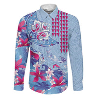 Hawaiian Tribal Manta Ray Family Matching Off The Shoulder Long Sleeve Dress and Hawaiian Shirt Kakau Tattoo and Flowers Surfing Waves Pattern Soft Color LT03 Dad's Shirt - Long Sleeve Multicolor - Polynesian Pride
