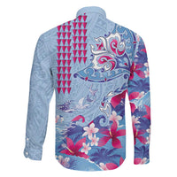 Hawaiian Tribal Manta Ray Family Matching Off Shoulder Maxi Dress and Hawaiian Shirt Kakau Tattoo and Flowers Surfing Waves Pattern Soft Color LT03 - Polynesian Pride